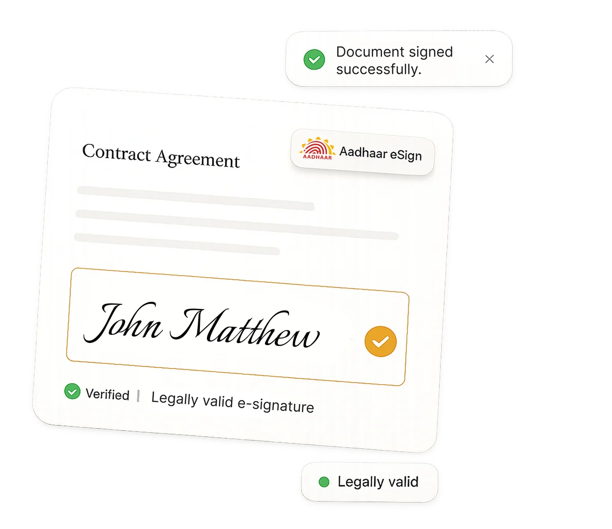 An Aadhaar eSigned contract in Accordsign, marked verified and legally valid