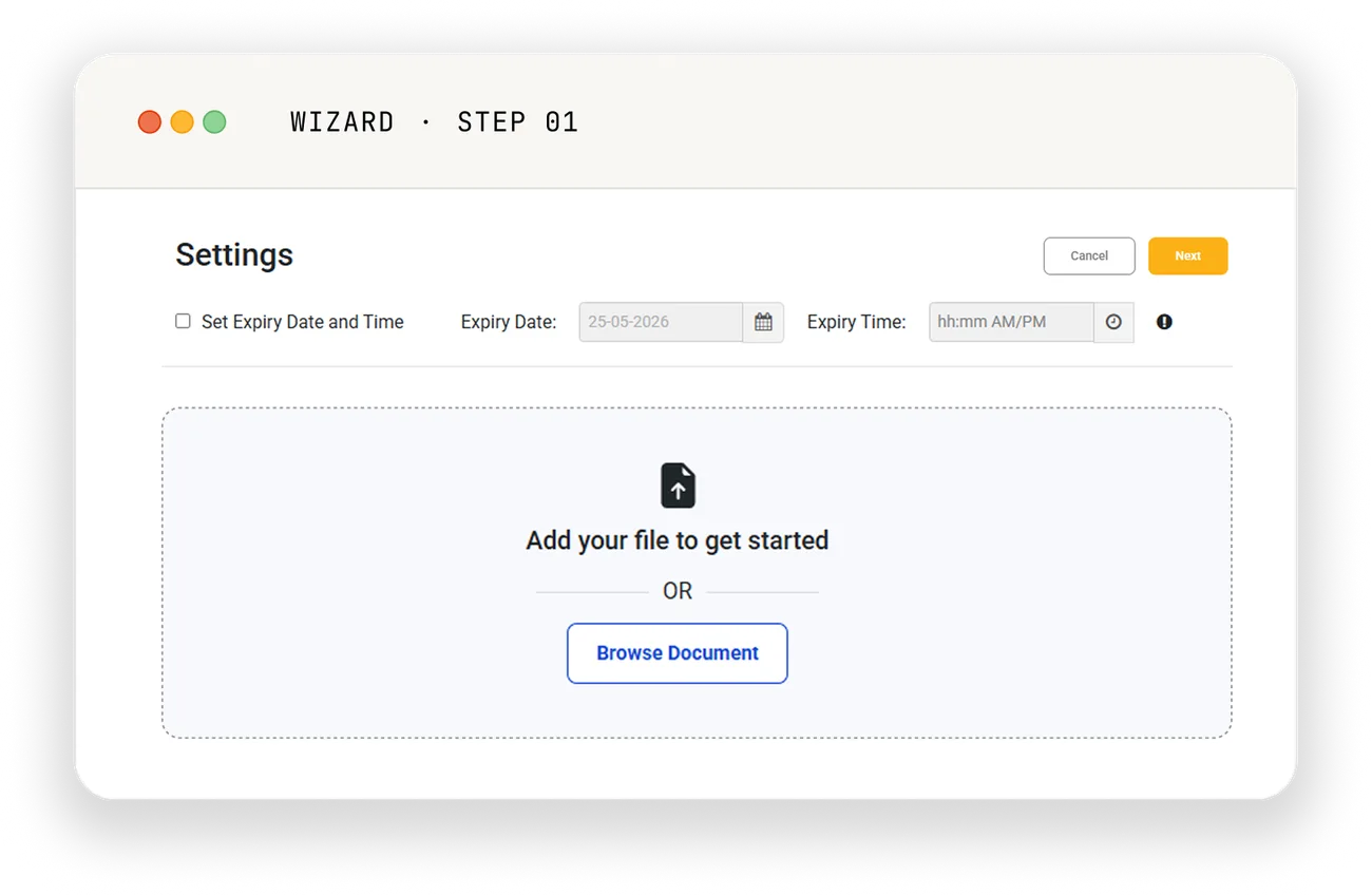 Accordsign wizard, step 1 — upload settings with a file-picker drop zone and an optional expiry date and time.