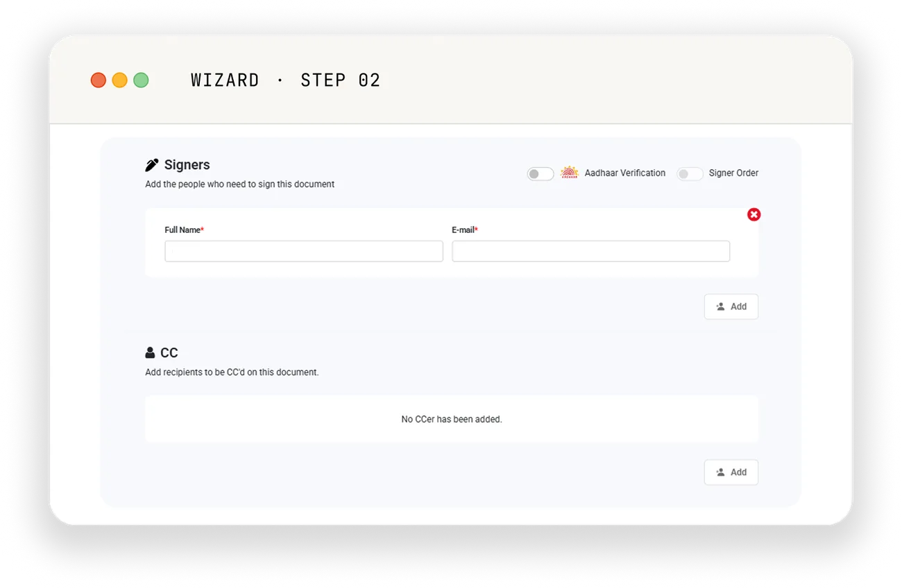 Accordsign wizard, step 2 — adding signers and CC recipients, with toggles for Aadhaar verification and a custom signing order.