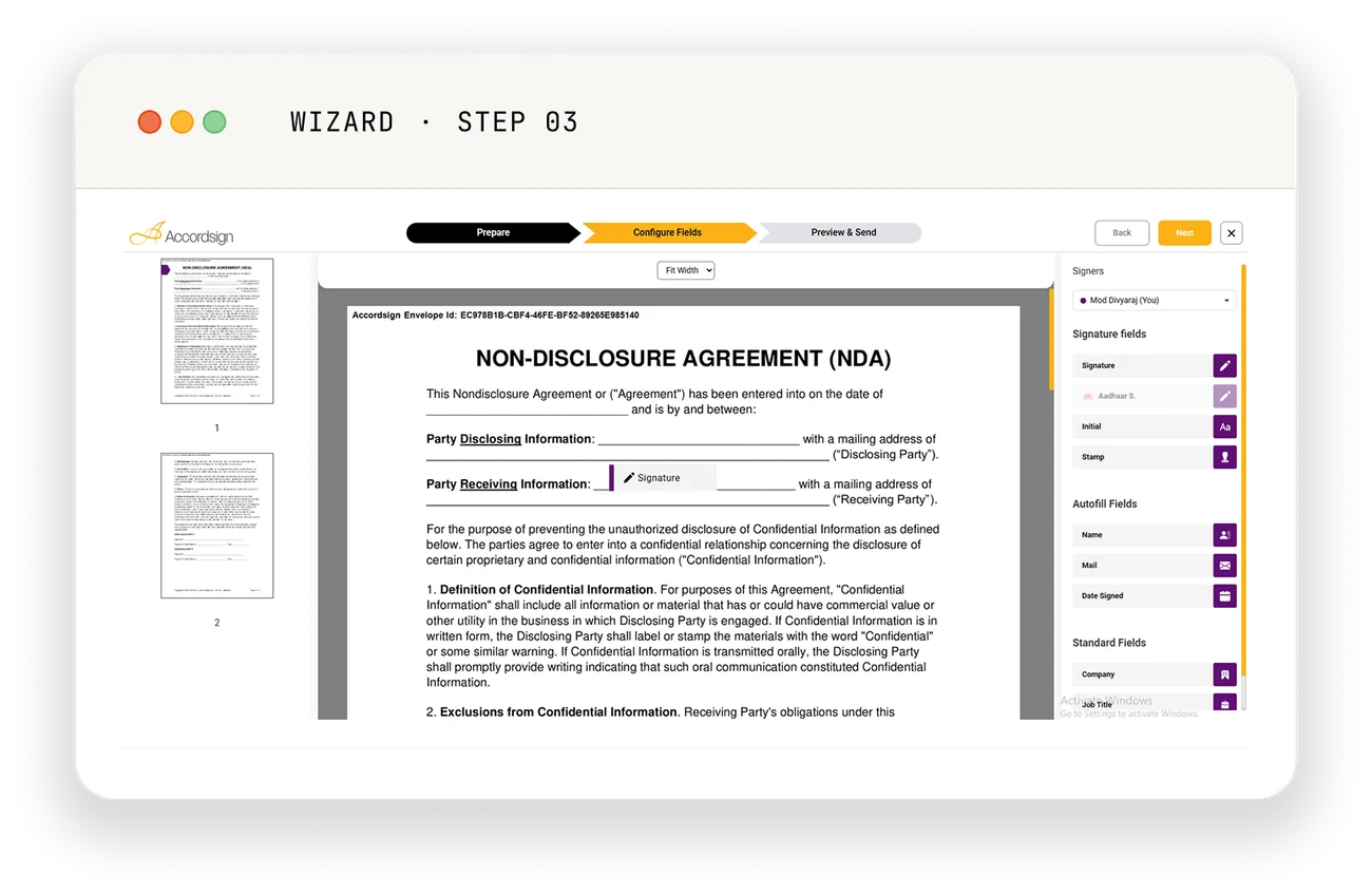 Accordsign wizard, step 3 — placing a signature field on an NDA document with the field configurator on the right.