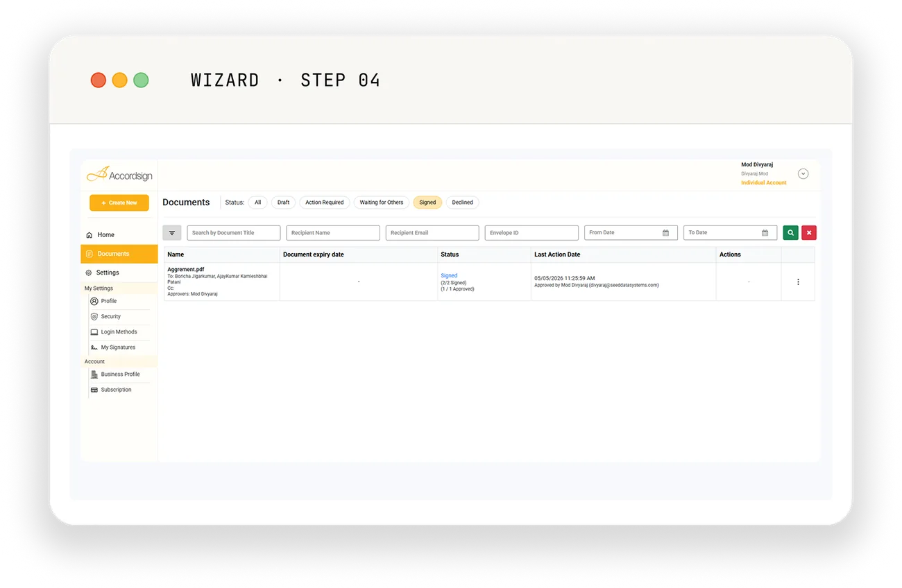 Accordsign documents dashboard, step 4 — a signed agreement showing recipient status, approval state, and audit timestamps.